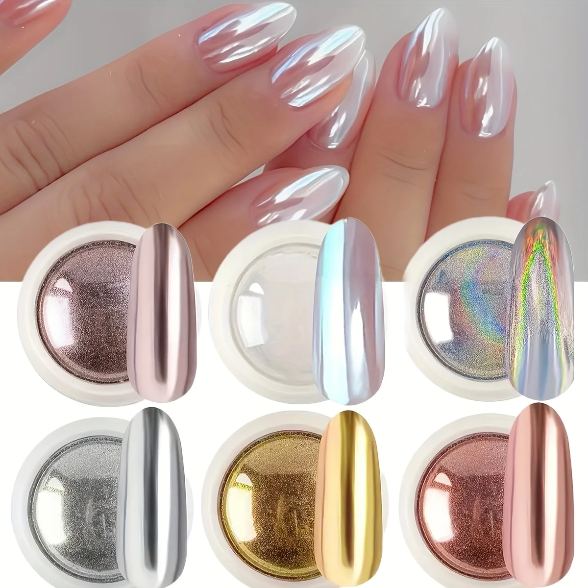 1 ชุด 6pcs Magic Mirror Powder โครเมียมเล็บผง 3D Holographic Aurora Pearl Gradient Rainbow Nail Art Creation DIY Y2K