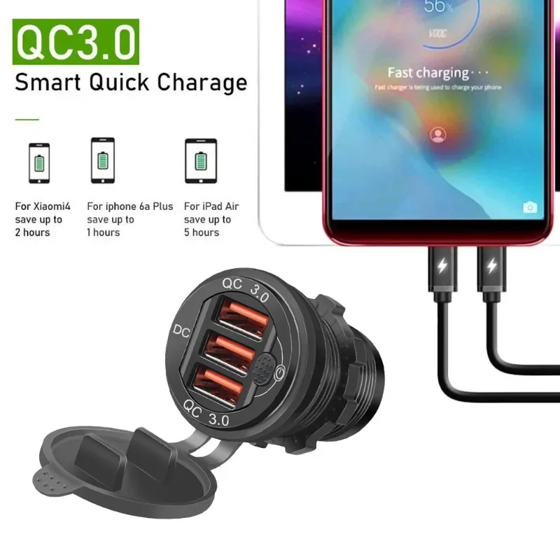 60W USB Car Charger Socket 3 Ports USB QC 3.0 Fast Charging with Touch Switch Socket for 12-24V Car Motorcycle Boat Marine RV