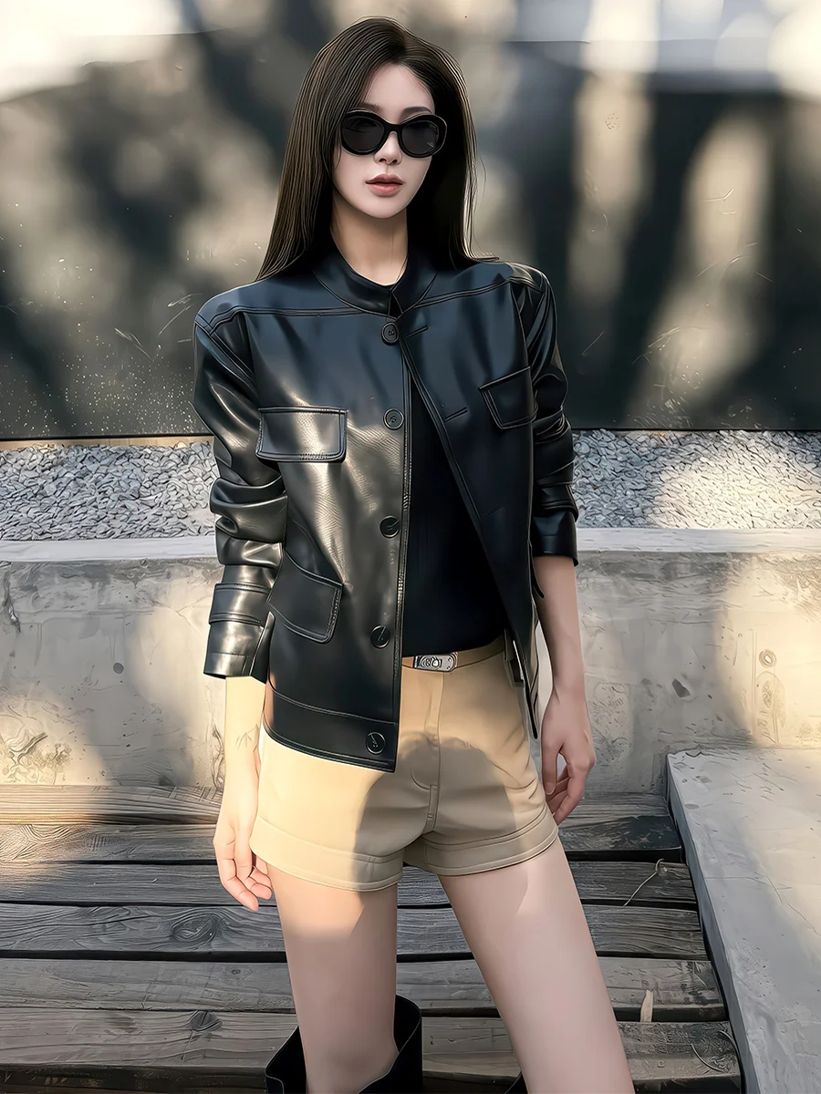 

Cool Leather Jaet Women's Loose Bla Fall Faion High-End Feelings Sle 2025 New Arrival Ele Personali Coat