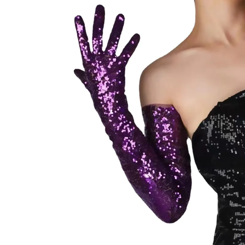 

Women's gloves Sequin 70cm glitter long gloves Embroidery lace mesh Special length dress Dark purple stage gloves