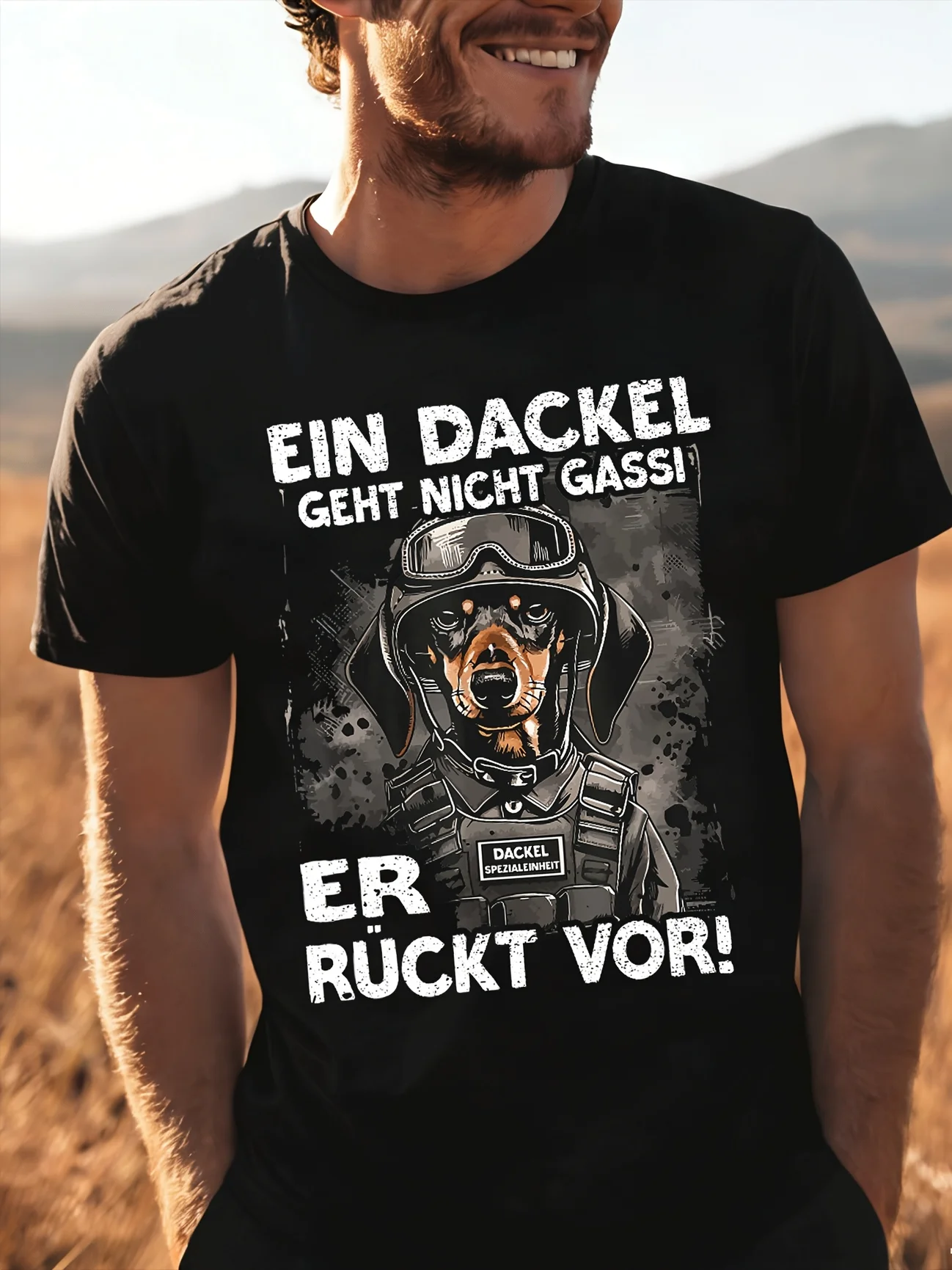 Image of Lustiges Dackel-T-Shirt mit Text „Ein Dackel geht nicht spazieren, er springt zurück“ Ein Dackel, Schwarz für Herren Damen Unisex Ganzjährig Lustiges T-Shirt, 180G