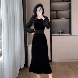 New Fall Winter Black Puff Sleeve Party Midi Clothes High Qualiy Women O Neck Pearls Beaded Mesh Spliced Velvet Slim Waist Dress