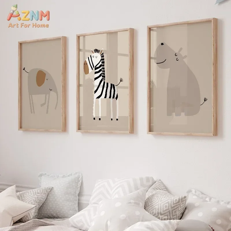 AZNM Minimalist Safari Animal Canvas Print Lion Elephant Tiger Zebra Giraffe Hippo Plaid Background Neutral Boho Kids Nursery Wa