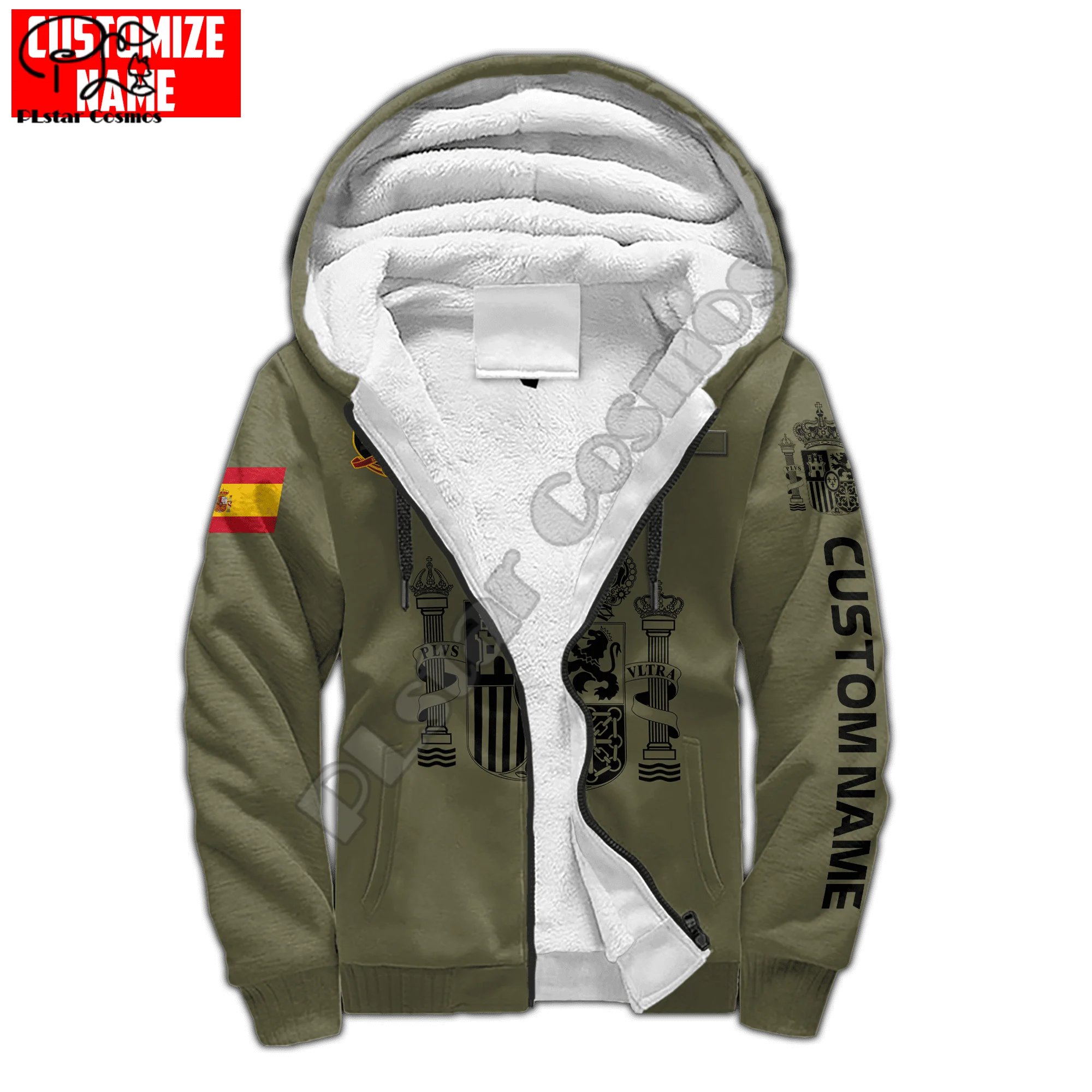 Plstar cosmos espanha nacional emblema 3d impresso roupas de inverno casual quente capuz grosso casaco com zíper homem velo hoodies jaqueta s25