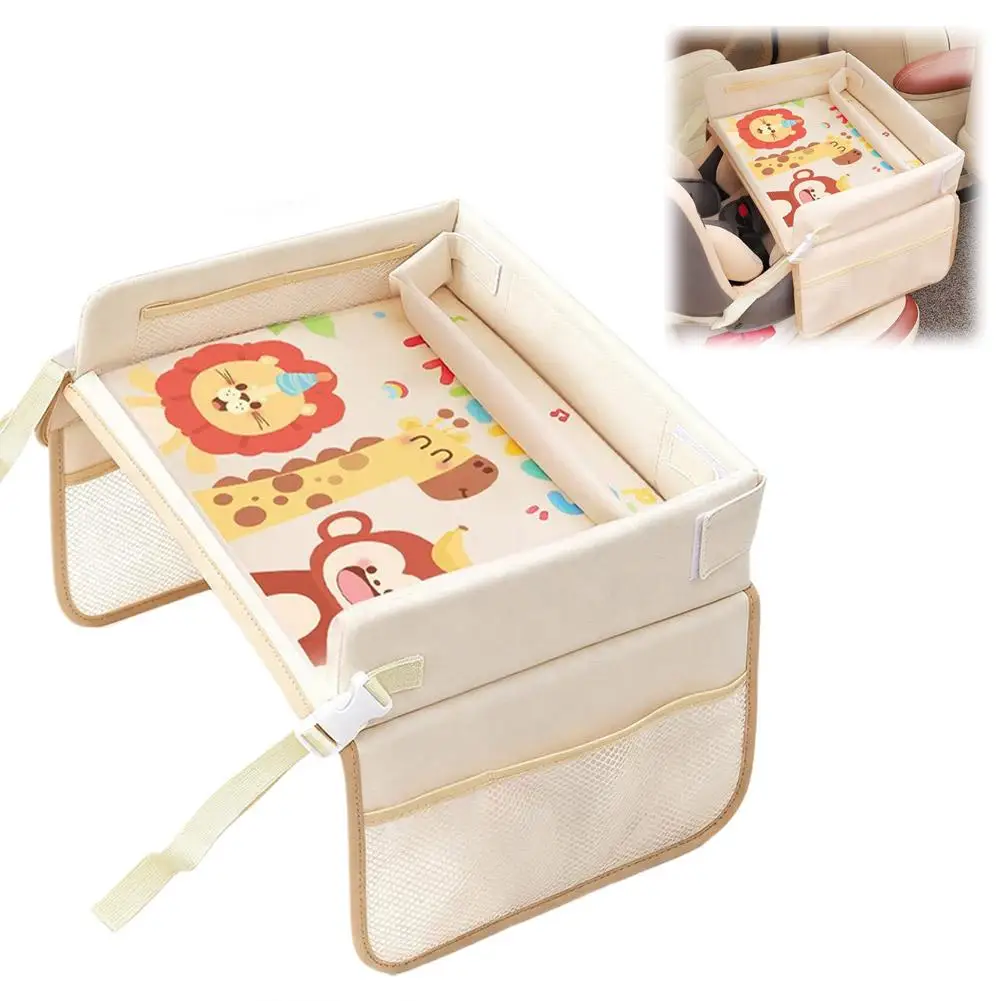 Kindersitz-Ablage Wasserdichter Reise-Spieltisch für Kindersicherheitssitz mit Cartoon-Motiven und mehreren Taschen für die Rücksitzaktivitäten – Detail 3