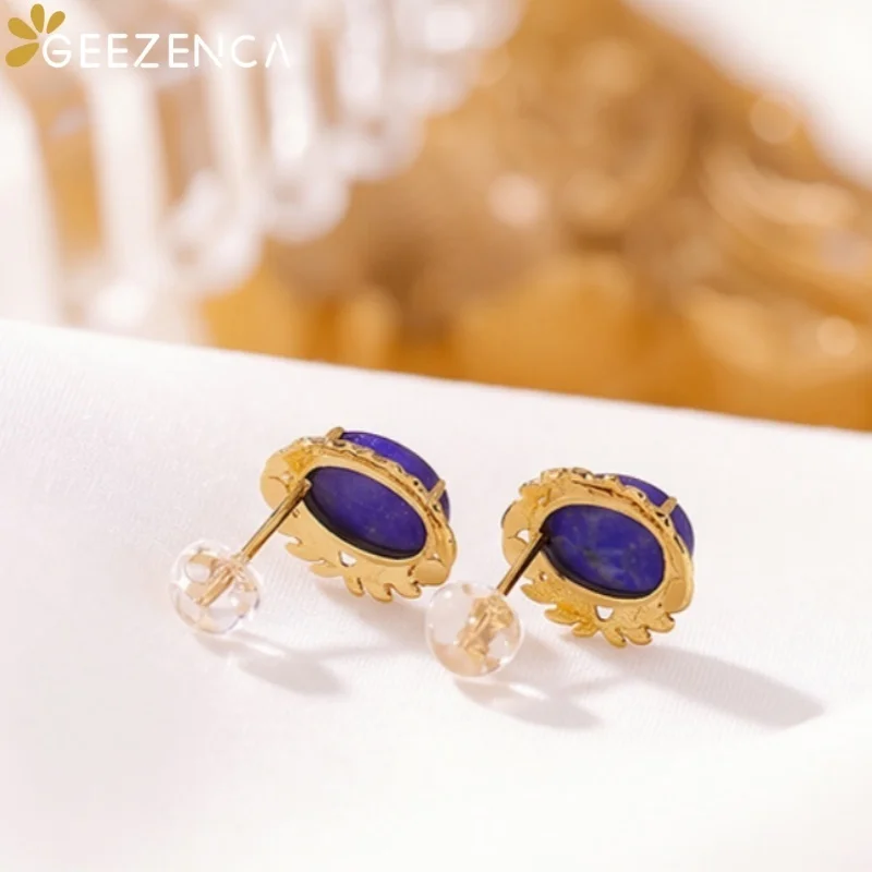 GEEZENCA Blue Lapis Lazuli Oval Stud Earrings Women 925 Sterling Silver Gold Plated Wheat Dainty Lightweight Stack Earring Gift