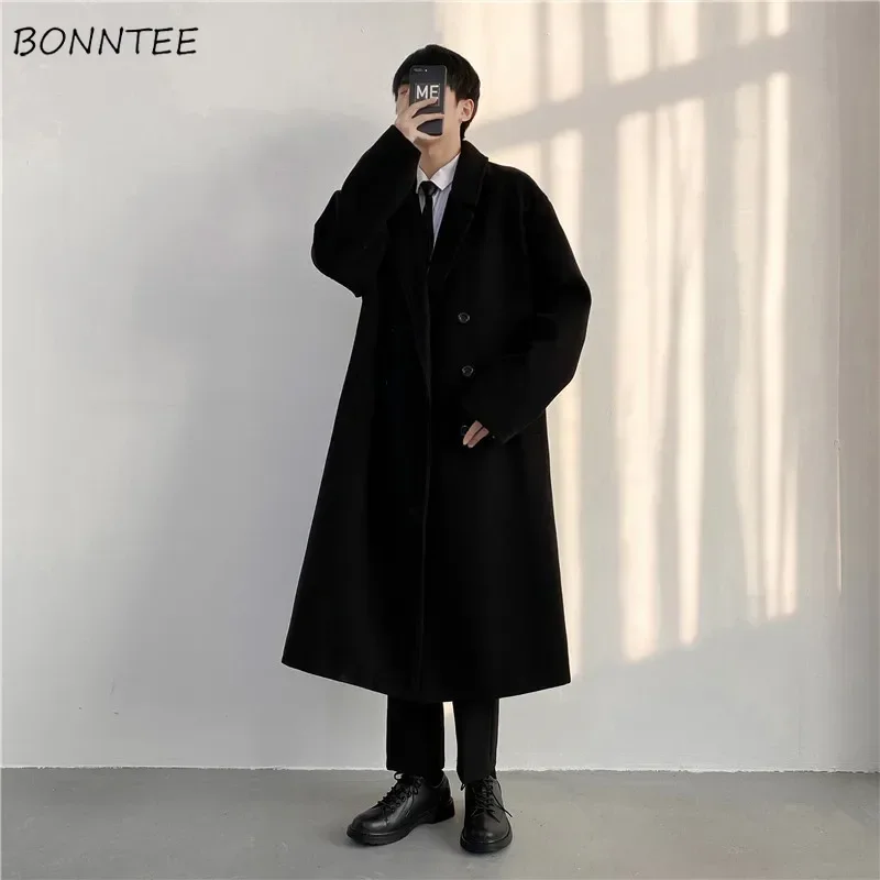 

Blends Men Business X-long Outwear Solid Trendy Spring Gentleman Korean Style Wool Thick Handsome Notched Students Harajuku Male