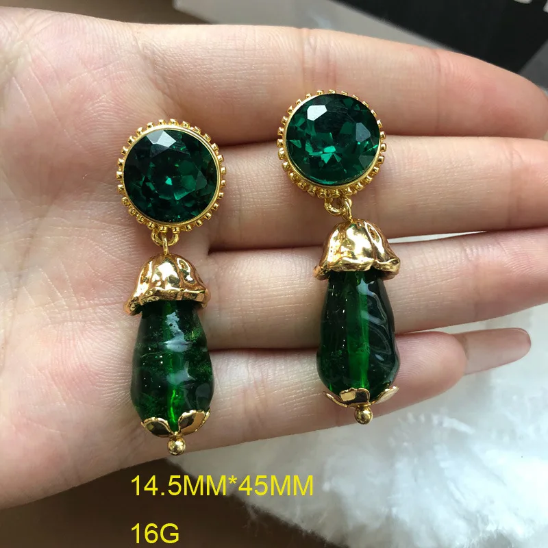 Vintage Grandmother Green Water Drop Glass Pendant Gold Plated Temperament Earrings