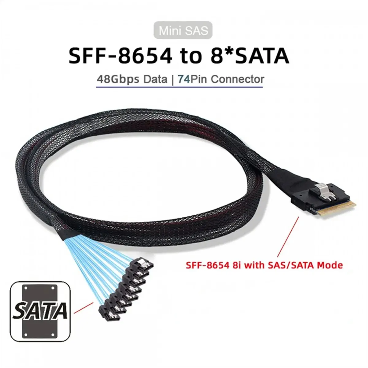 Câble de dérivation pour disque dur DT82, nouveau, haute vitesse, PCIe 4.0 Slimline SlimSAS SFF-8654 8i vers 8X SATA 74 broches, 1m