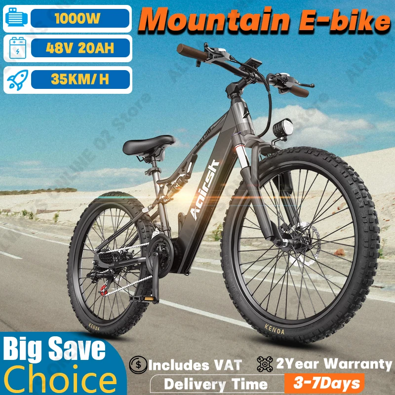 Vélo électrique tout-terrain à suspension intégrale pour adultes Aairsk XT90 1000W 48V 20Ah, pneus 26*2.6'', vélo électrique pour la ville et les voyages