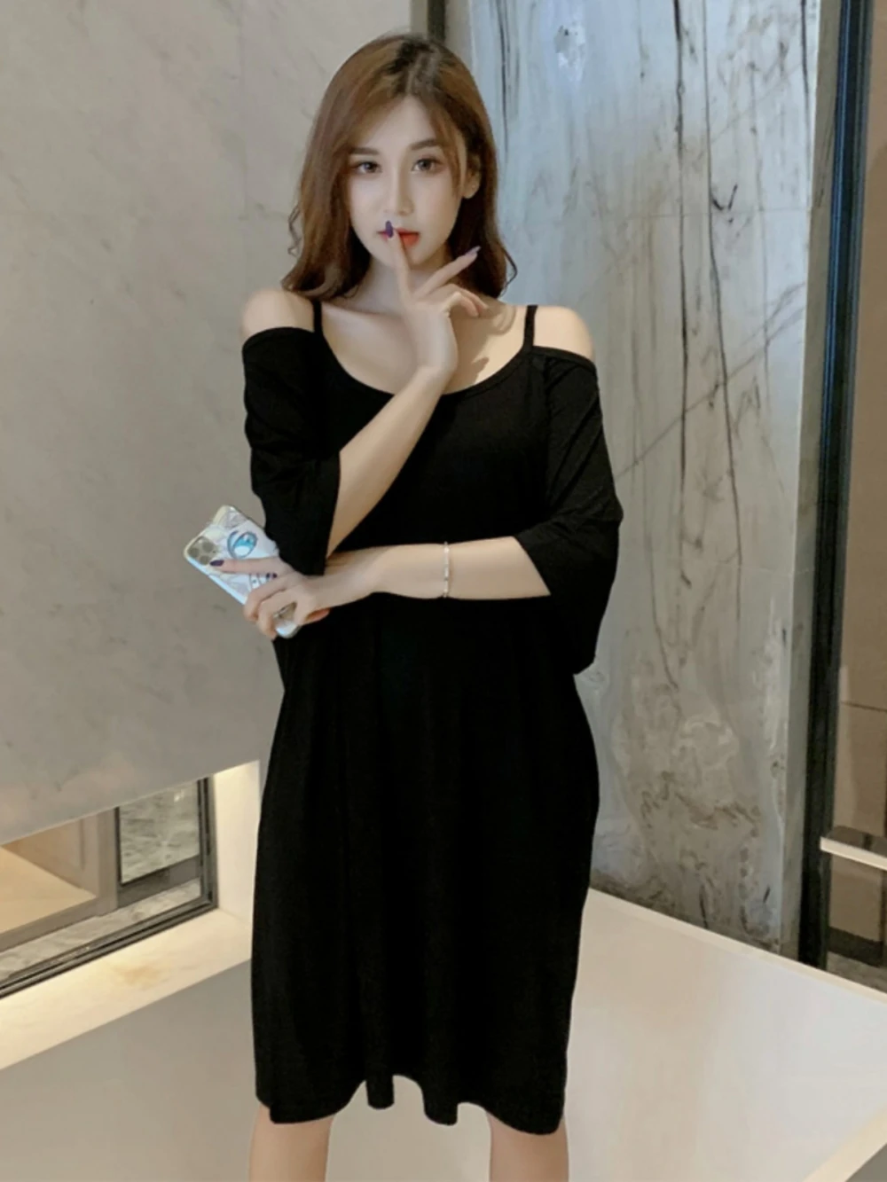 

plus Size Sleep Dress Shoulder Bared Draped Loose Women's Base Skirt Summer Sexy Casual Pure Desire Style Mid-Length A-Line