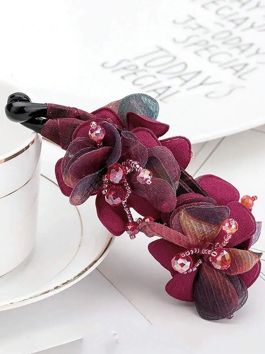 

Elegant Floral Hair Banana Clip For Women, Slip-Resistant Claw Clip With Beaded Flowers, Stylish Ponytail Holder