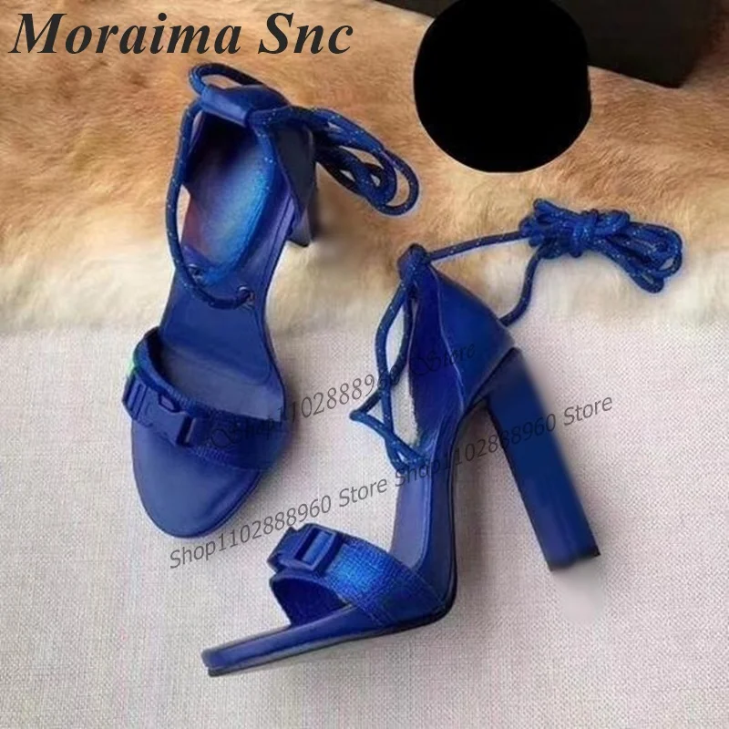 

Shallow Blue Lace-Up Belt Buckle Decor Sandals Cover Heel Chunky High Heel Women Shoes Open Toe 2023 Fashion Zapatos Para Mujere