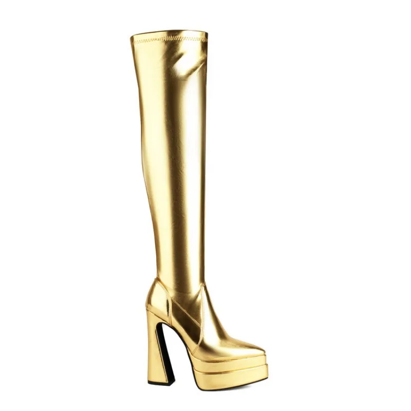 New Gold Silver 14.5cm High Heels Over Knee Boots Women Fashion Steel Tube Pointed Waterproof Platform Long Boots Rozmiary 34-43