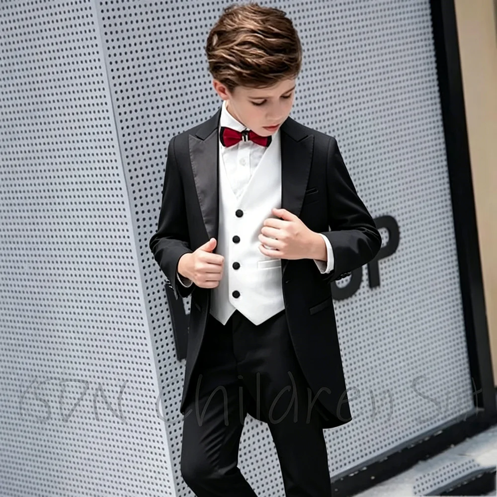 

White Black Satin Lapel Boys Tuxedo 3 Piece Tailcoat Suit Kids Page Boy Wedding Formal Occasion Party Child Clothes Custom Made