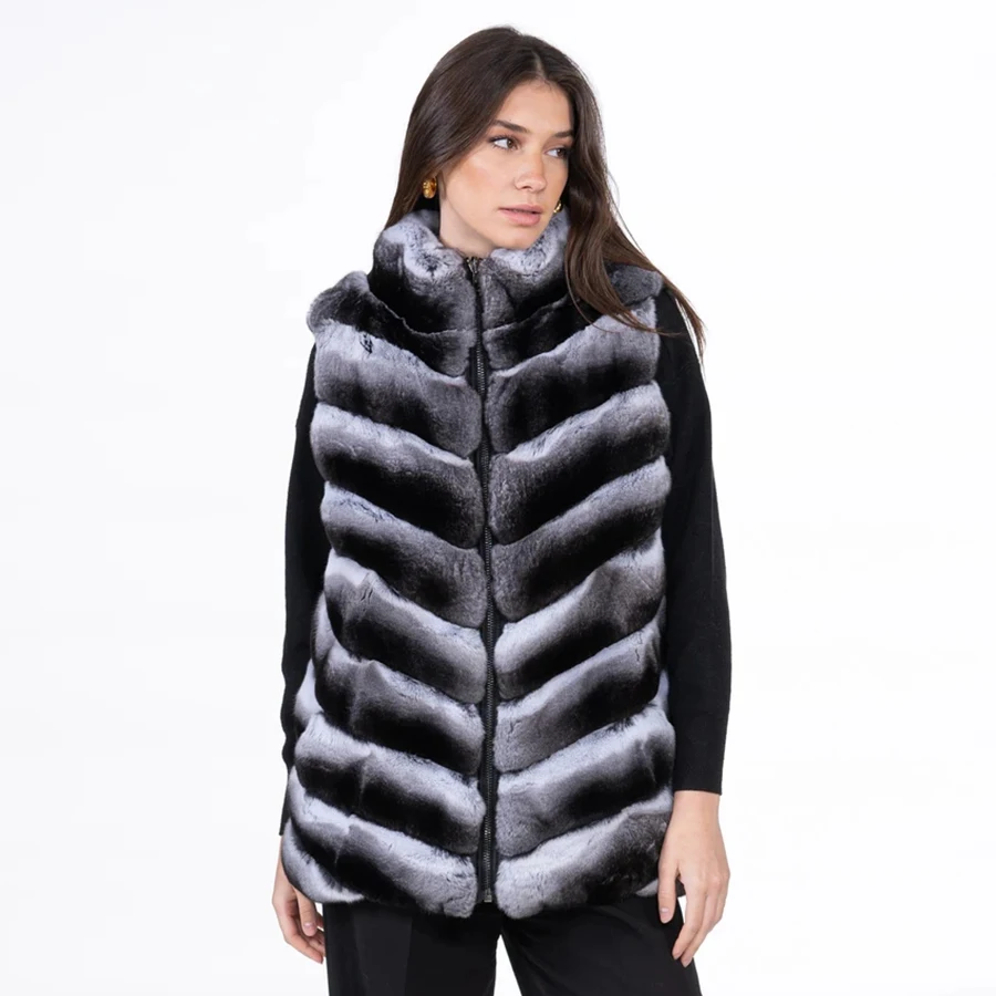 Gilet di pelliccia di coniglio Rex naturale cerniera per le donne cappotto di pelliccia di cincillà stili caldi gilet di pelliccia calda invernale