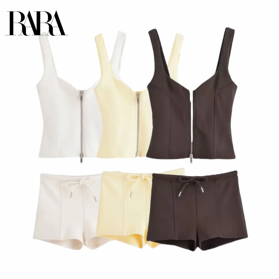 

RARA2025 new summer women's casual fashion simple suspenders heart-shaped collar zipper double-sided cloth top + shorts