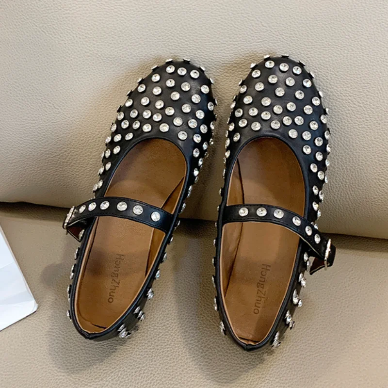 European American Women Fashion Diamond Studded Mary Jane Single Shoes Casual Flat Bottomed Round Toe Buckle Designer Shoes