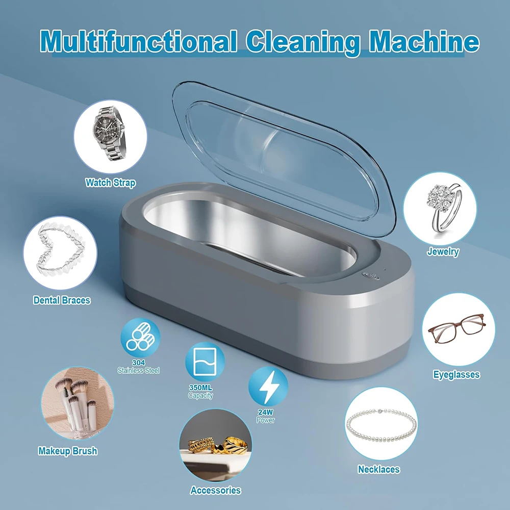 KUNPHY 초음파 세척기 12oz 스테인리스 스틸 탱크 350ML 모든 보석 안경 틀니 반지용 초음파 세척기