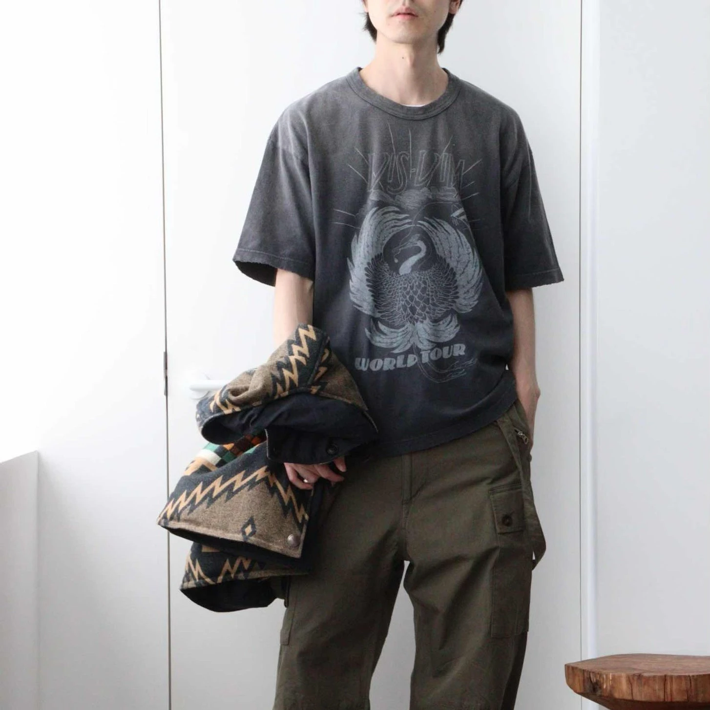 Visvim Style Jumbo T CrashWorldTour Crane Black Distressed Short Sleeve 23AW Unisex Cotton round Neck T-Shirt Japanese Style