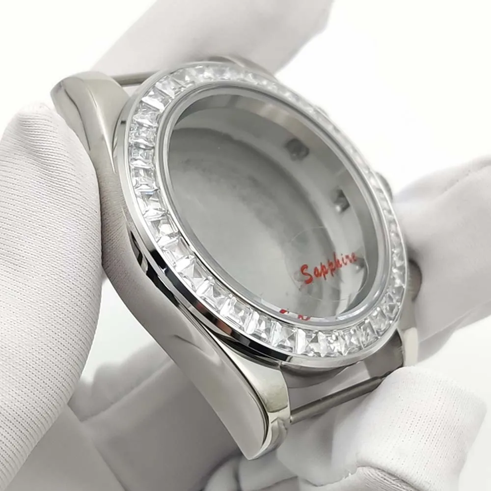 40 مللي متر الياقوت الزجاج حاوية من الفولاذ المقاوم للصدأ مع الماس الحافة ساعة رجالي اكسسوارات لحركة الكوارتز VK63 VK64