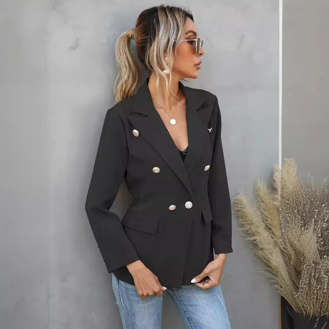 Blazer à double boutonnage pour femme, veste grande taille, veste décontractée, manteau imbibé, salopette amincissante, cardigan à poches