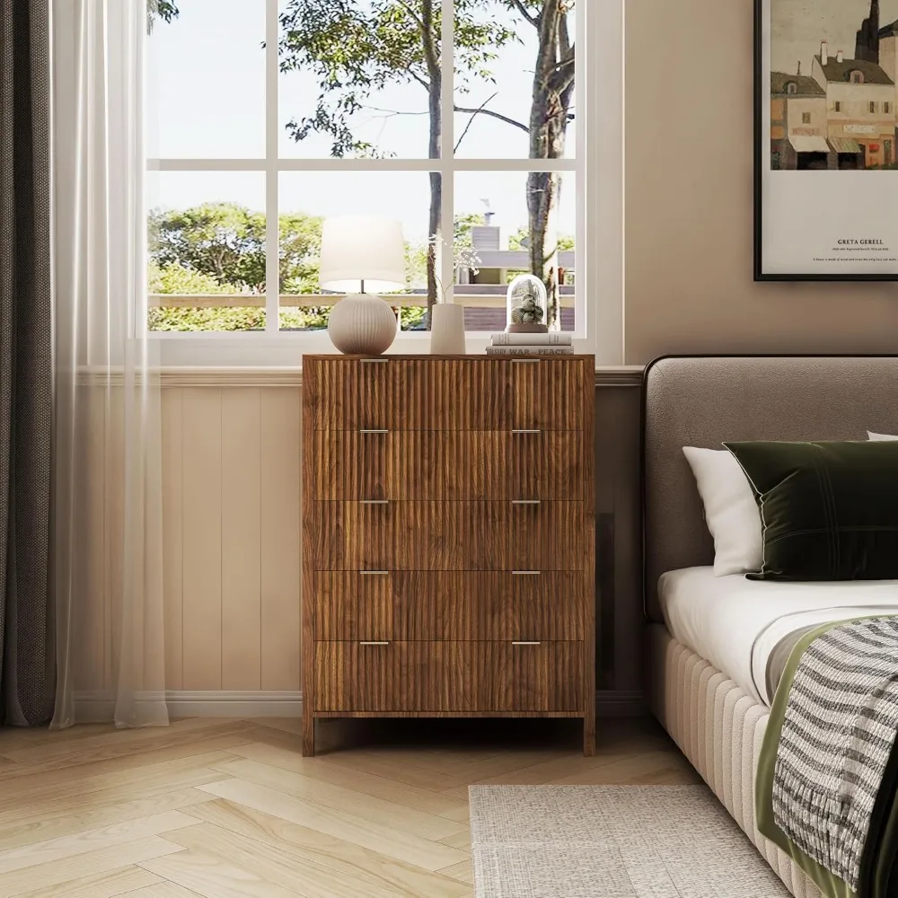 

Mid-Century 5 Drawers Bedside Table Storage Cabinet, Modern Nightstand with 5 Drawer and Solid Wood Legs, Contemporary Tall Dres