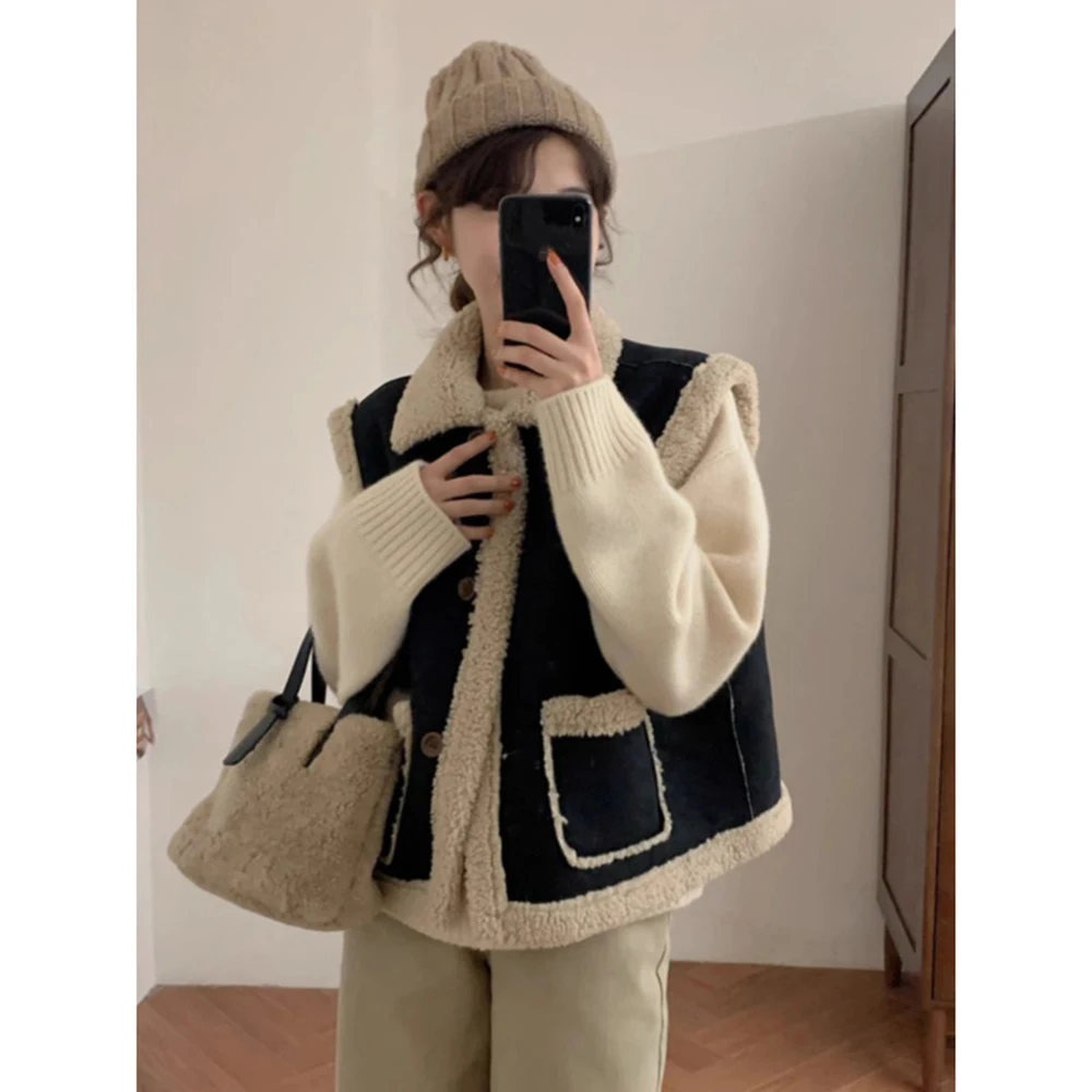 Imitacja zamszowej kamizelki damskiej na jesień i zimę, codzienna, łączona z pluszowym futerkiem, jednoczęściowa, czarna, krótka kurtka, zapinana na jeden guzik, bez rękawów.