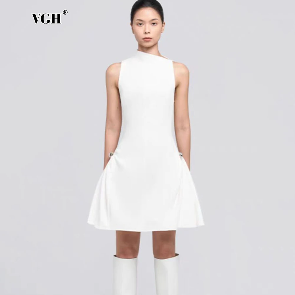 

VGH Chic Spliced Metal Folds Short Dress For Women Diagonal Collar Sleeveless High Waist Minimalist A Line Dresses Female New