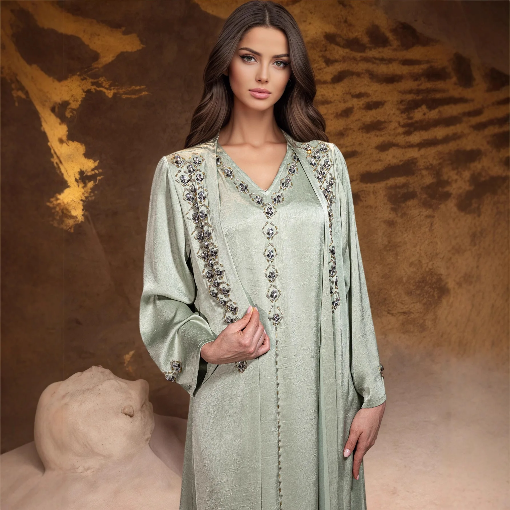 두바이 기모노 가디건과 이너 드레스 세트 2개, 무슬림 여성용 다이아몬드 파티 드레스, 터키 카프탄, 라마단 이슬람 의류 로브