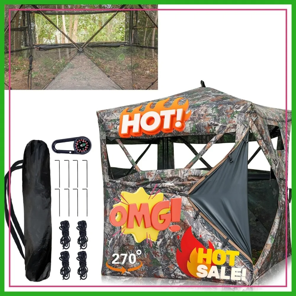 270/360 Degree See Through Hunting Blind with Carrying Bag, 2-4 Person Pop Up Camouflage Tent Portable Concealed Shelter