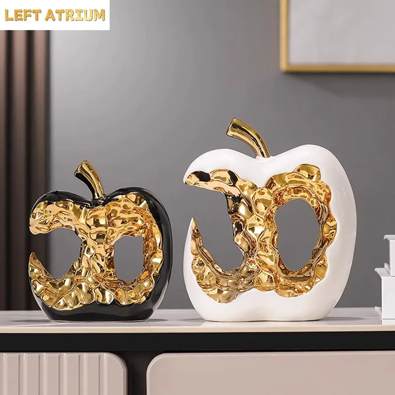 Gold-plated Apple Hollow Out Crafts Ceramic Sculpture Desk Decoration Ornaments Creative Apple Statue Room Aesthetic Decor