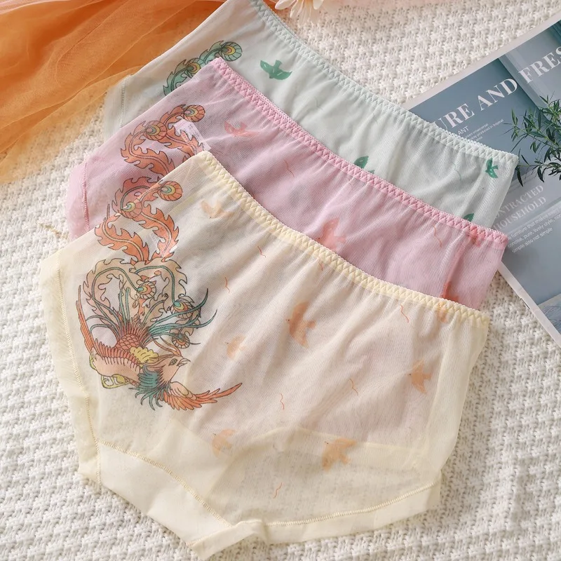 Sheer Mesh Panties Briefs Underpants Soft Stretch Bikini with Phoenix  Birds Print Exotic Allure Women's Underwear Breathable