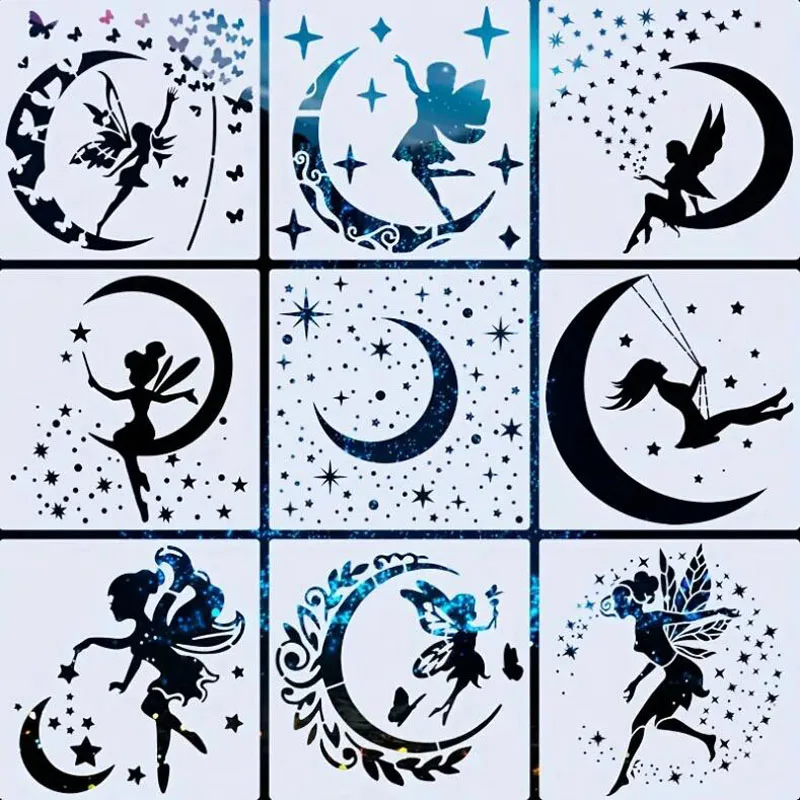 20*20cm Moon Elf Theme Stencils PET Hollow Leak Printing Board DIY Layering Furniture Wall Painting Template Decoration Reusable