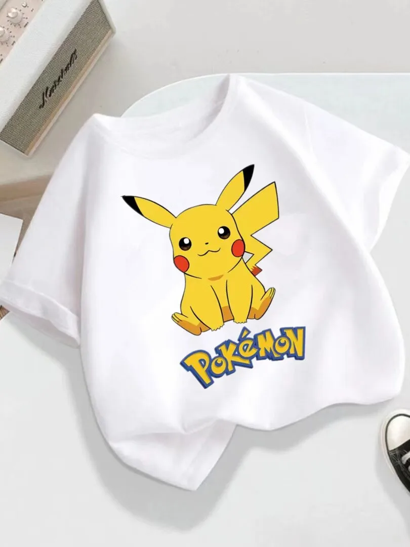 Cotton Boys' and Girls' Short-sleeved Summer Children's Clothing. Cartoon Pikachu Casual and Cute Round-neck Top for Children.