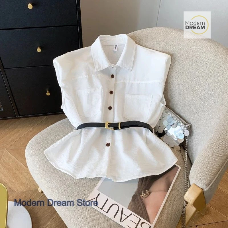 

Korean POLO-neck blouse female summer white small fragrance sleeveless single-breasted temperament shirt slim fashion top.