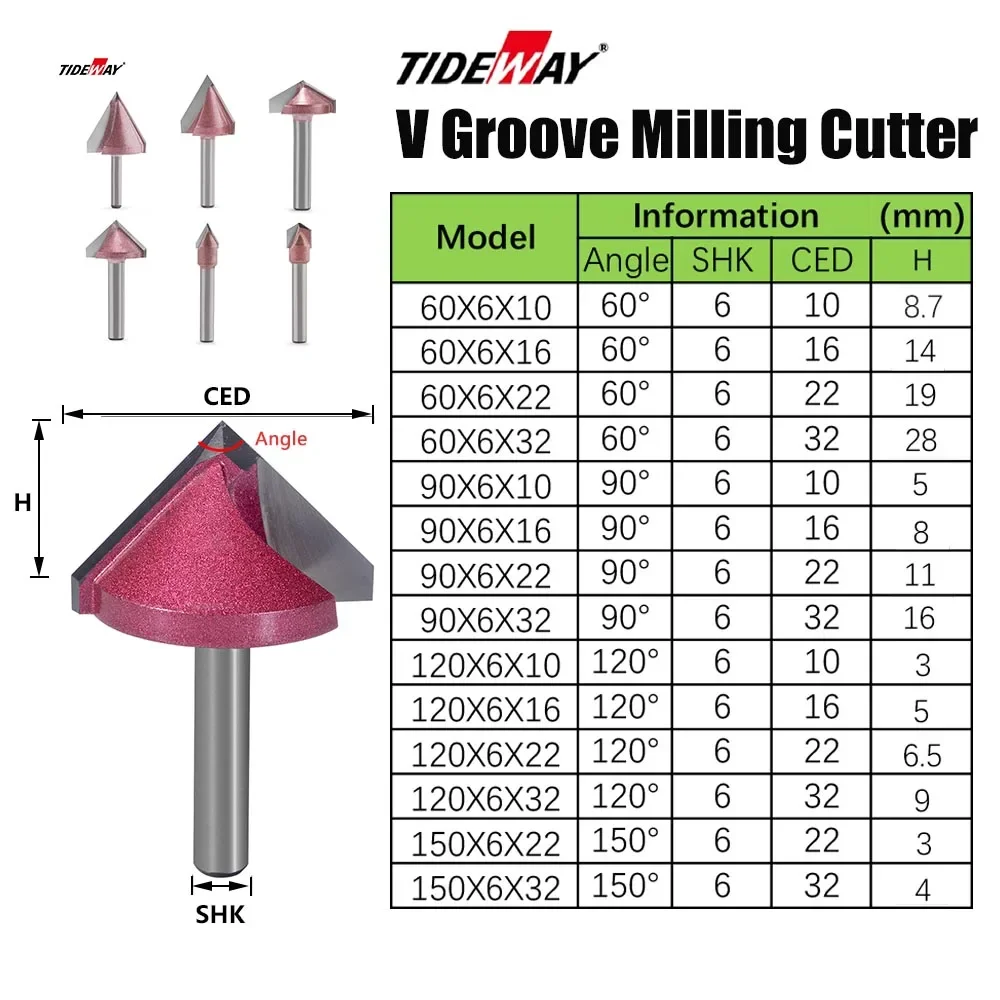 TIDEWAY 6mm Shank60 90 120 150 Degree V Groove Template V-Groove Router Bit Cleaning Flush Trim Corner Round Cove Box Bits Tools