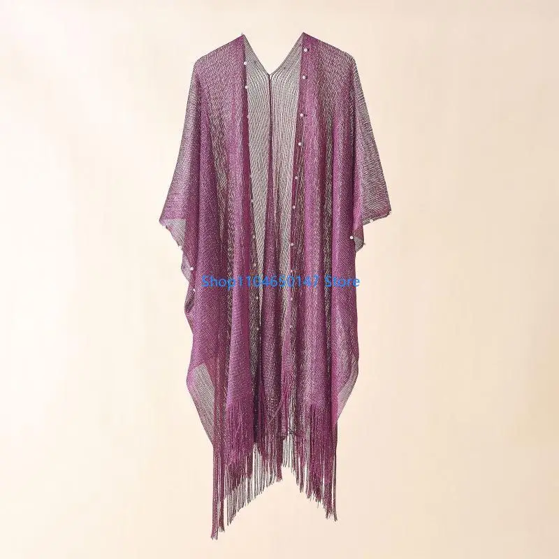 Womens Clothing Tassel Long Swimsuit Cover Up Summer Open Front Perspective Shawl Beachwear Cardigan Swimwear Cover-ups
