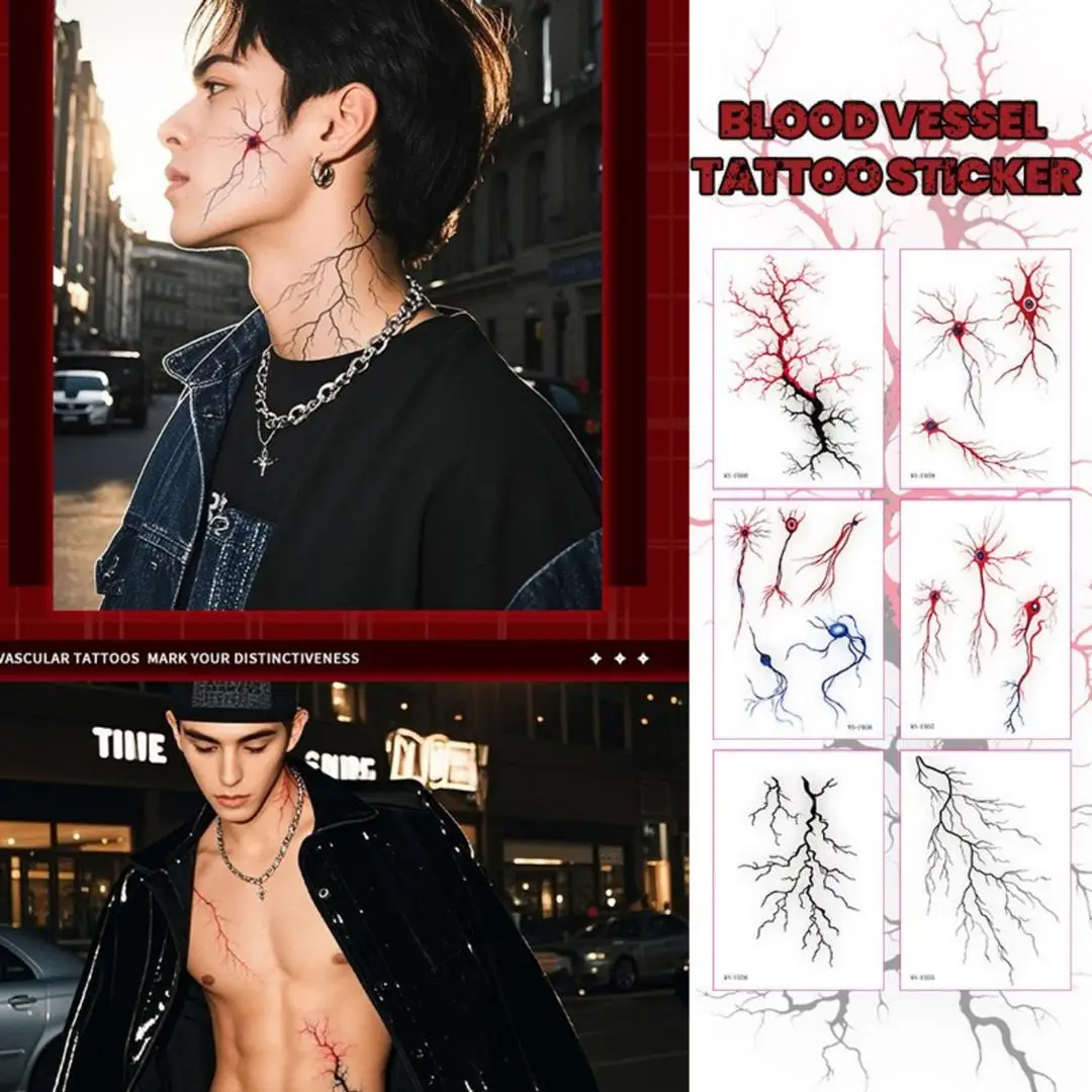 A Red Blood Vessel Scary Face Temporary Tattoos Halloween Eye Makeup Fake Tattoo Stickers for Cosplay and Theme Party