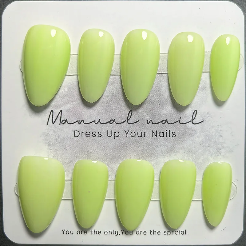 10pcs Almond Handmade Solid Color Press on Nails Pink Blue Green Yellow Multicolor Acrylic False Nails Glossy Gel Manicure Set