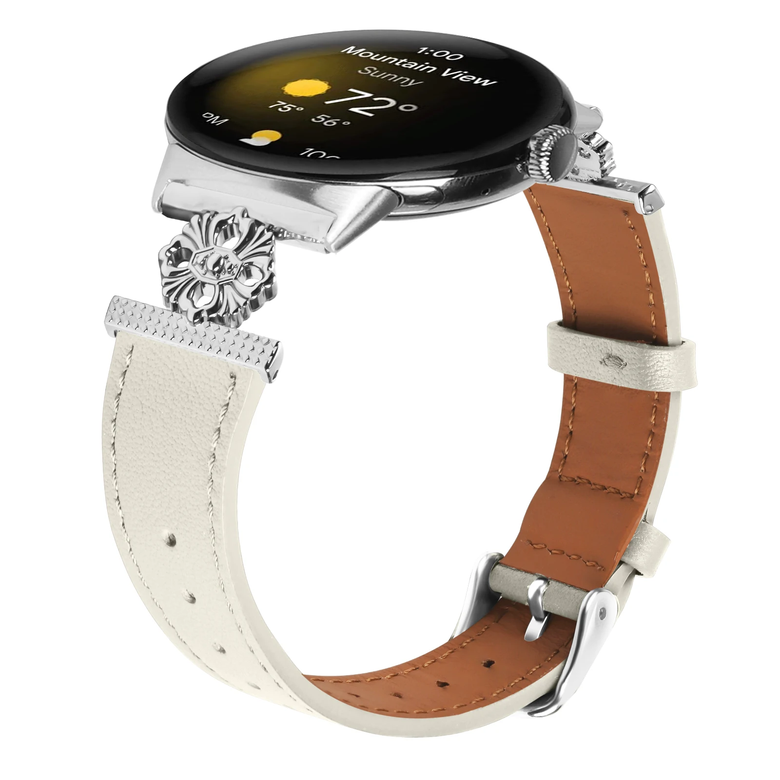 For Google Pixel Watch Straps Leather band leather + Four Petals stainless Steel Watchband for Pixel Watch 2 Bracelet correa image 3