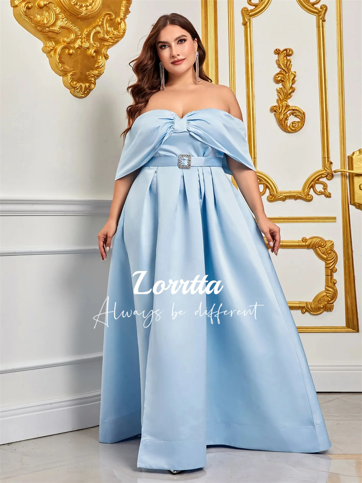 

Lorrtta Floor-length Plus Size Women's Bow Satin Graduation Ceremony Dress Belt Sky Blue Formal Dresses Ball Ladies Elegant Prom