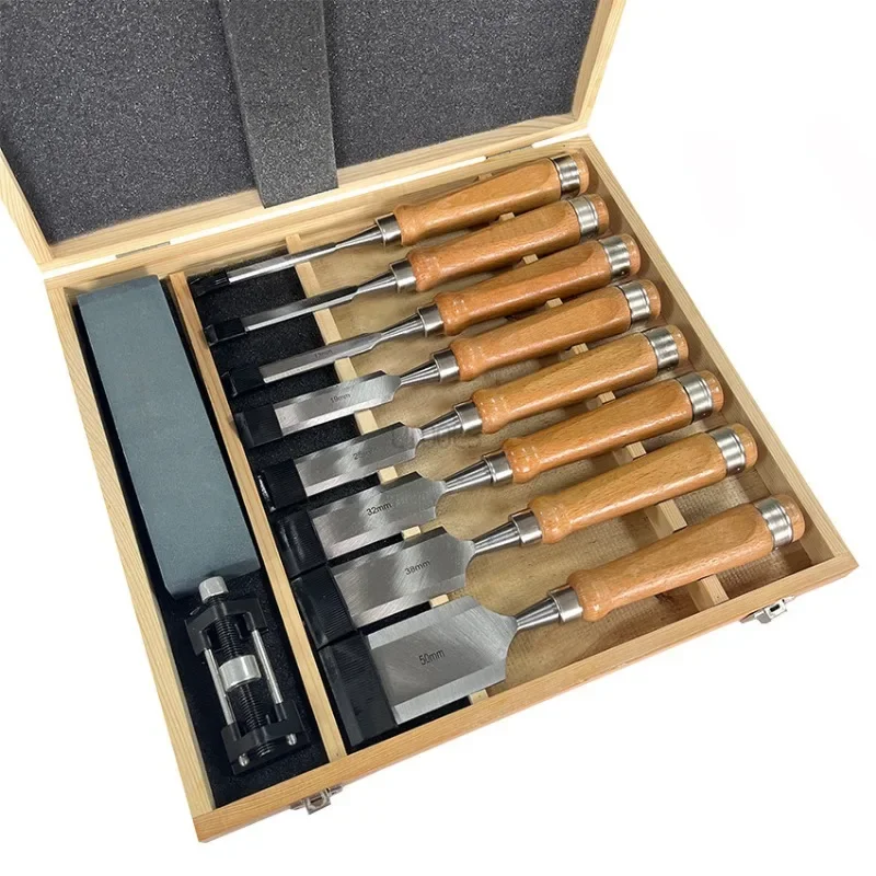 8pcs Practical Woodworking Chisel Set Flat Chisel Sharp Basic Details Carving Alloy Chisel Head Beech Handle Wood Carving Tool