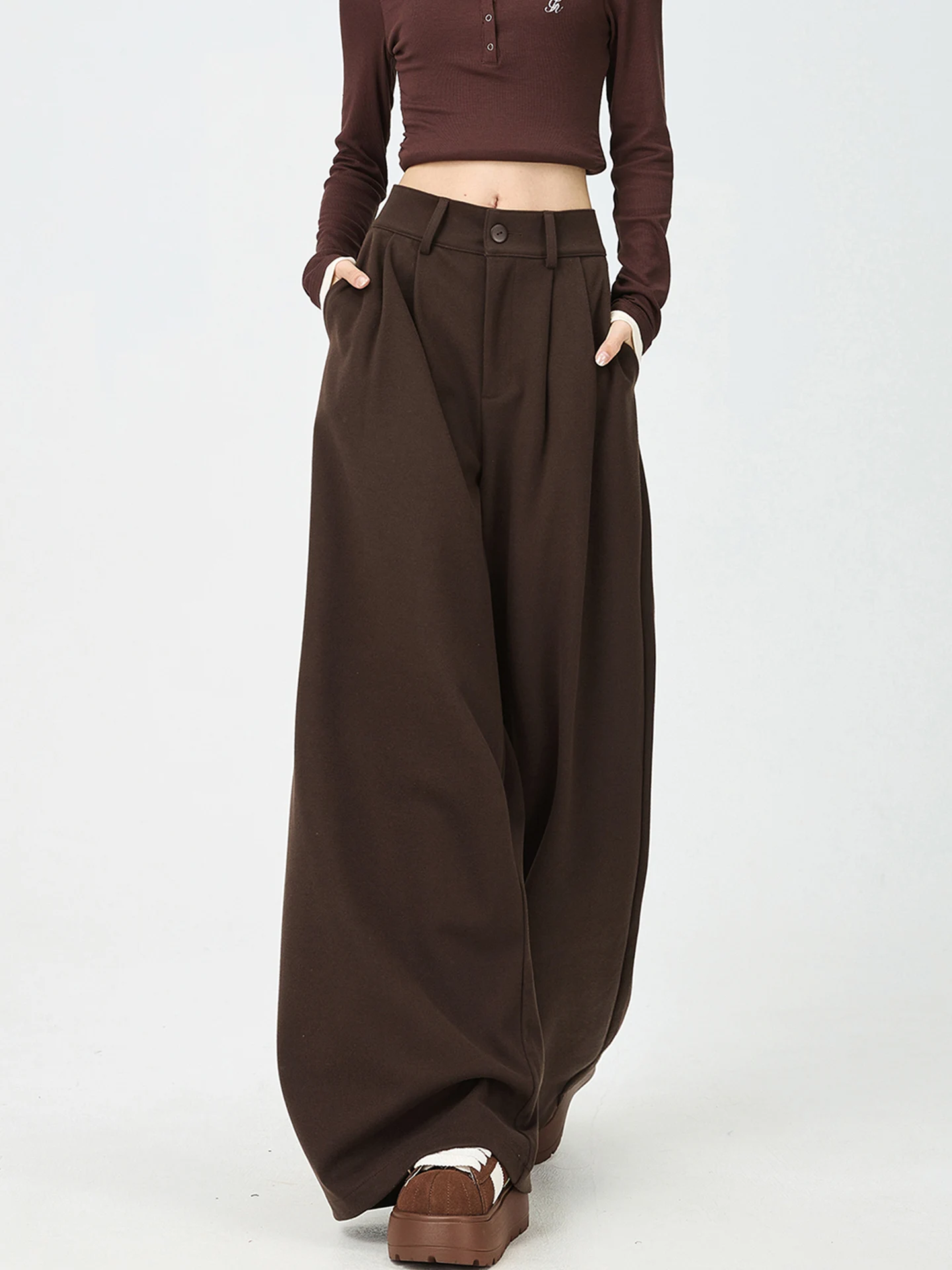 

Теплые шерстяные брюки-палаццо для женщин в корейском стиле, зимние модные брюки с эффектом кленового листа, утепленные хлопковые, на молнии, со средней посадкой на талии