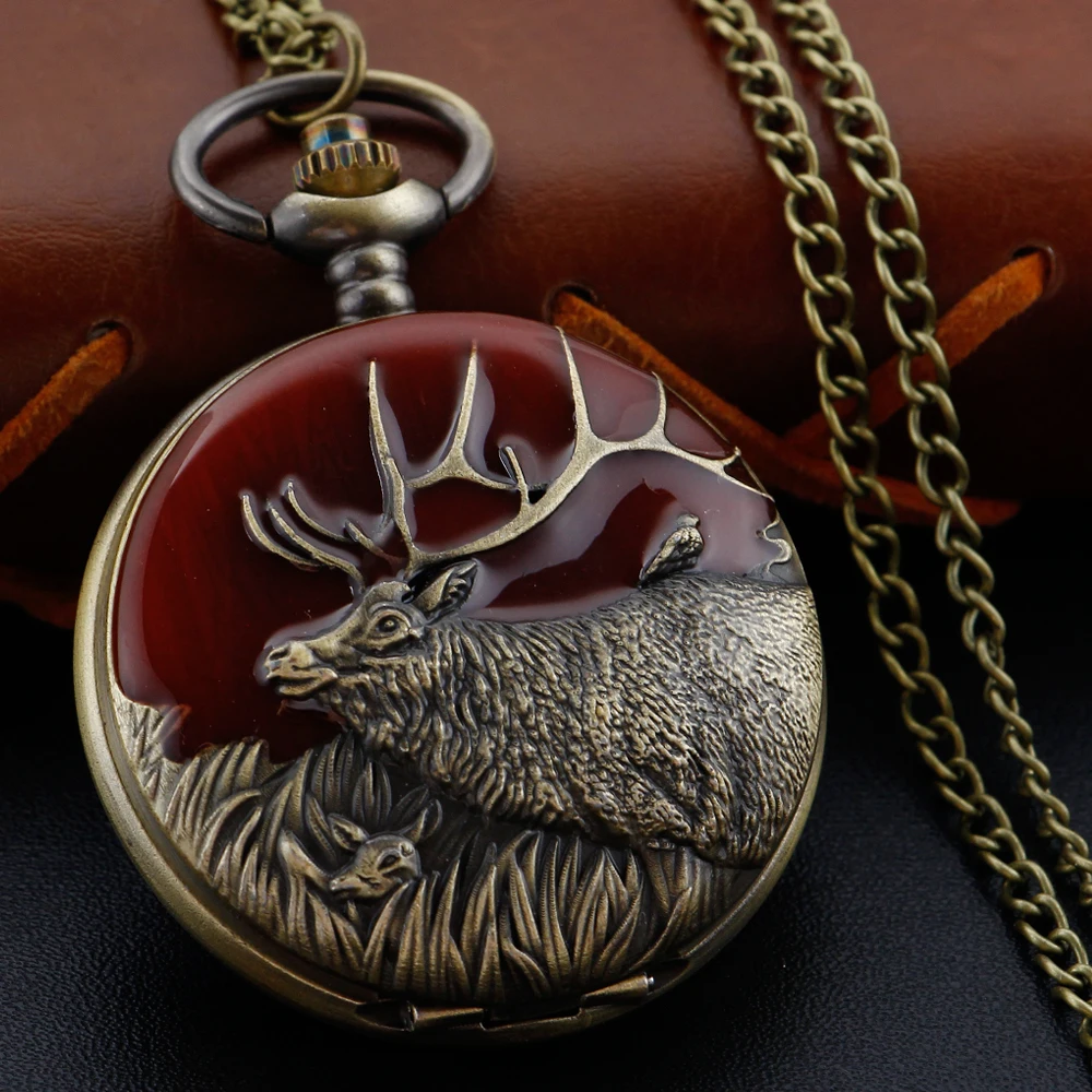 Vintage Reindeer 3D Embossed Quartz Pocket Watch Vintage Gentleman Style Series Necklace Pendant Clock Commemorative Gift