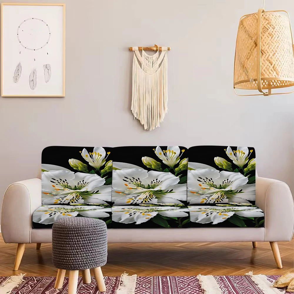 Summer Outdoor Sofa Cover with White Lily Floral Print, Milk Silk Fabric, Elastic Fit for Indoor/Outdoor Use