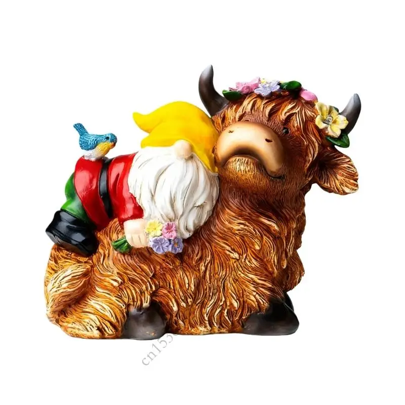 

K43D Automatic Light Up Resin Garden Statue Figures Dwarf on Cow for Deck Outdoor Art