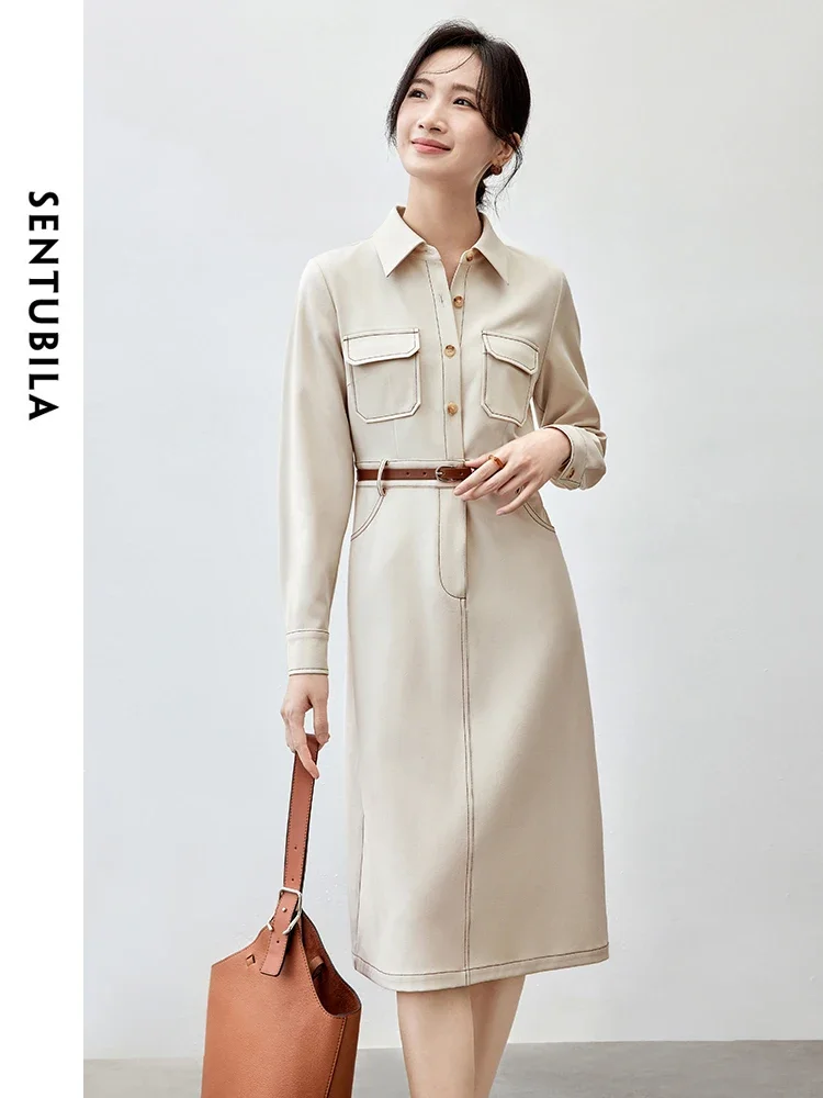 SENTUBILA Straight Dress for Women 2024 Autumn Patchwork Sashes Turn Down Collar Long Sleeve Office Lady Simple Dress 143L56807