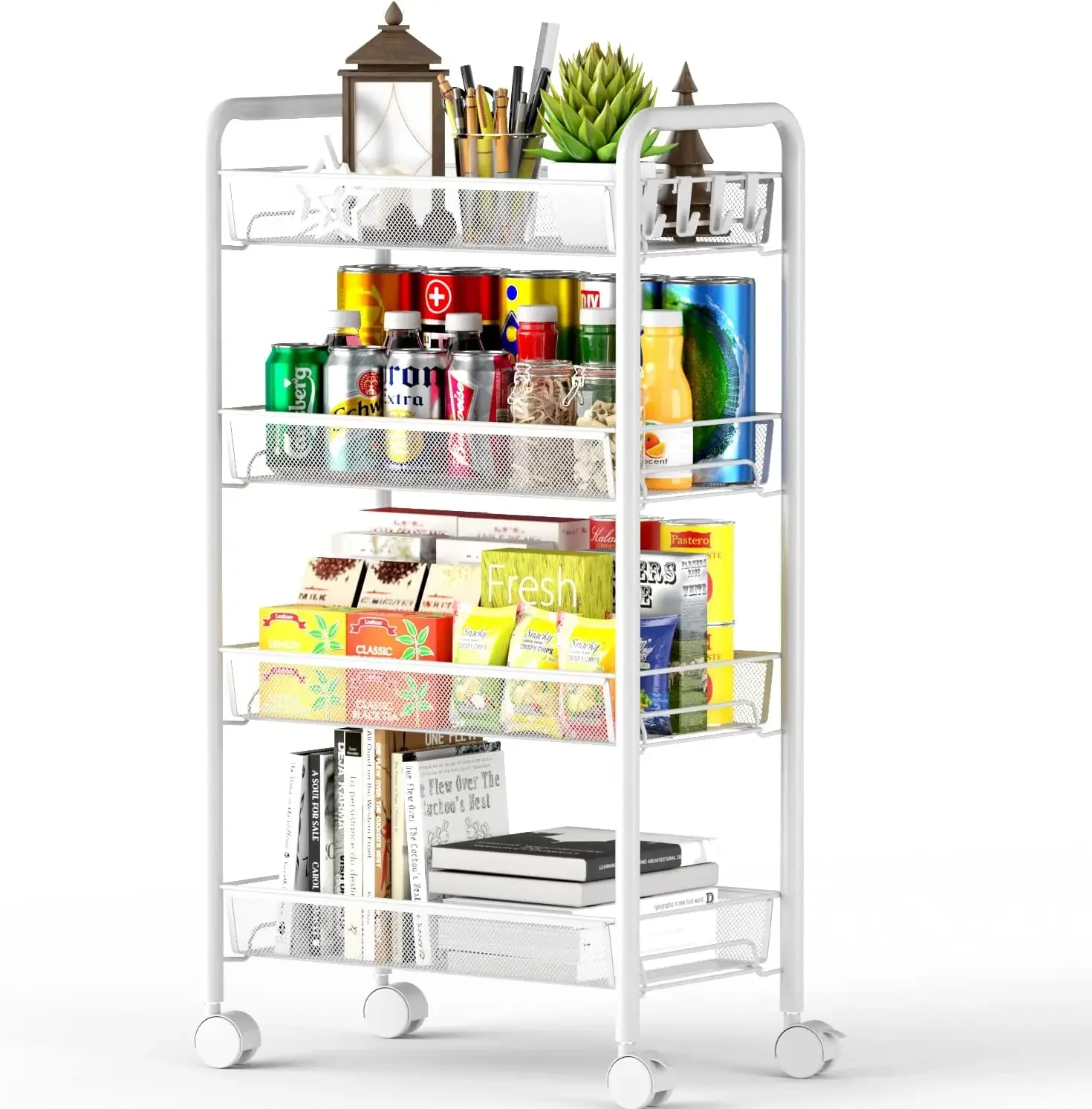 4 Tier Mesh Wire Rolling Cart, Kitchen Storage Organizer Utility Cart, Full Metal Basket Storage Art Trolley Carts with Wheels