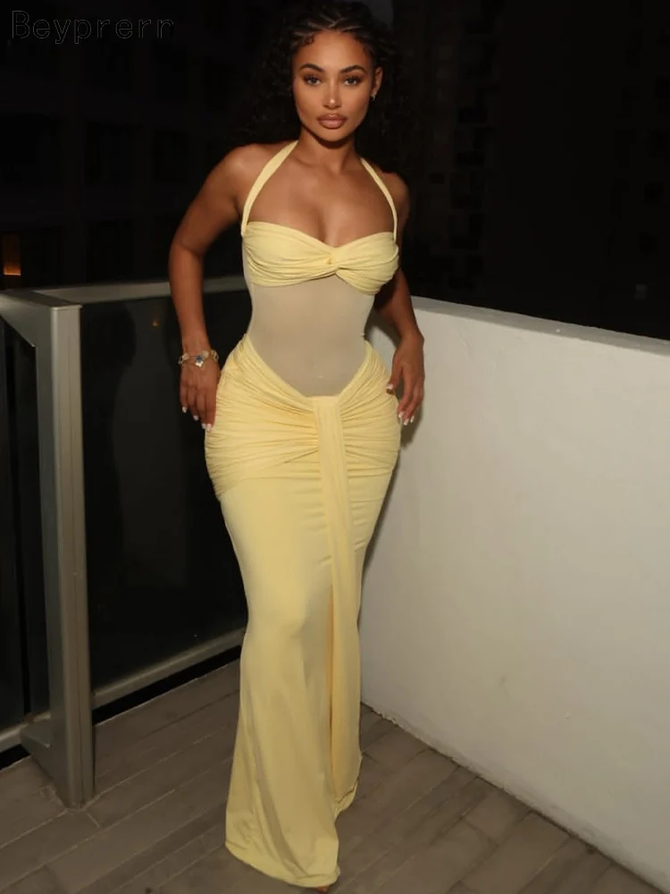 Beyprern 섹시한 여성용 옐로우 홀터넥 러치드 맥시 드레스 뉴 레이디스 매듭 프론트 시어 메쉬 바디콘 이브닝 파티 클럽웨어